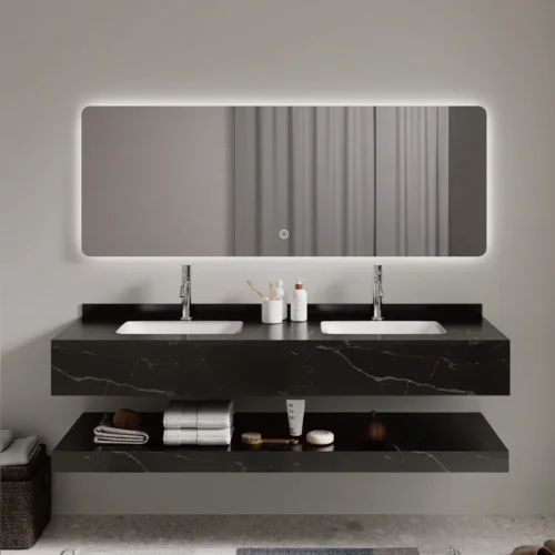 Stone Floating Vanity​ With Sink LED Mirror Combo