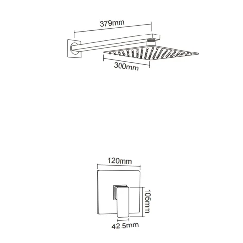 Wall Mount Rain Shower Head and Valve Gray Chrome dimension