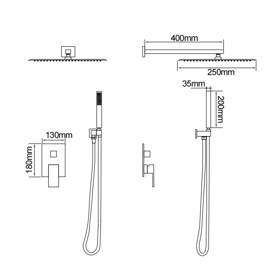 Concealed Wall Mounted Shower Mixer​ Set With Diverter​ Black dimension