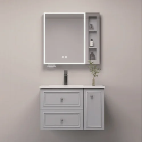 Grey Bathroom Vanity With Countertop Sink Cabinet Mirror