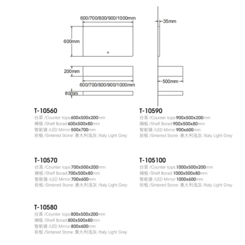 1000mm 40 Vanity Single Sink​ with Light Mirror dimensions